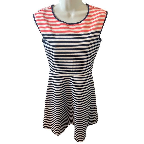 Draper James Striped Ponte Knit A Line Nassau Navy and Pink Mini Fit and Flare X - Picture 2 of 14